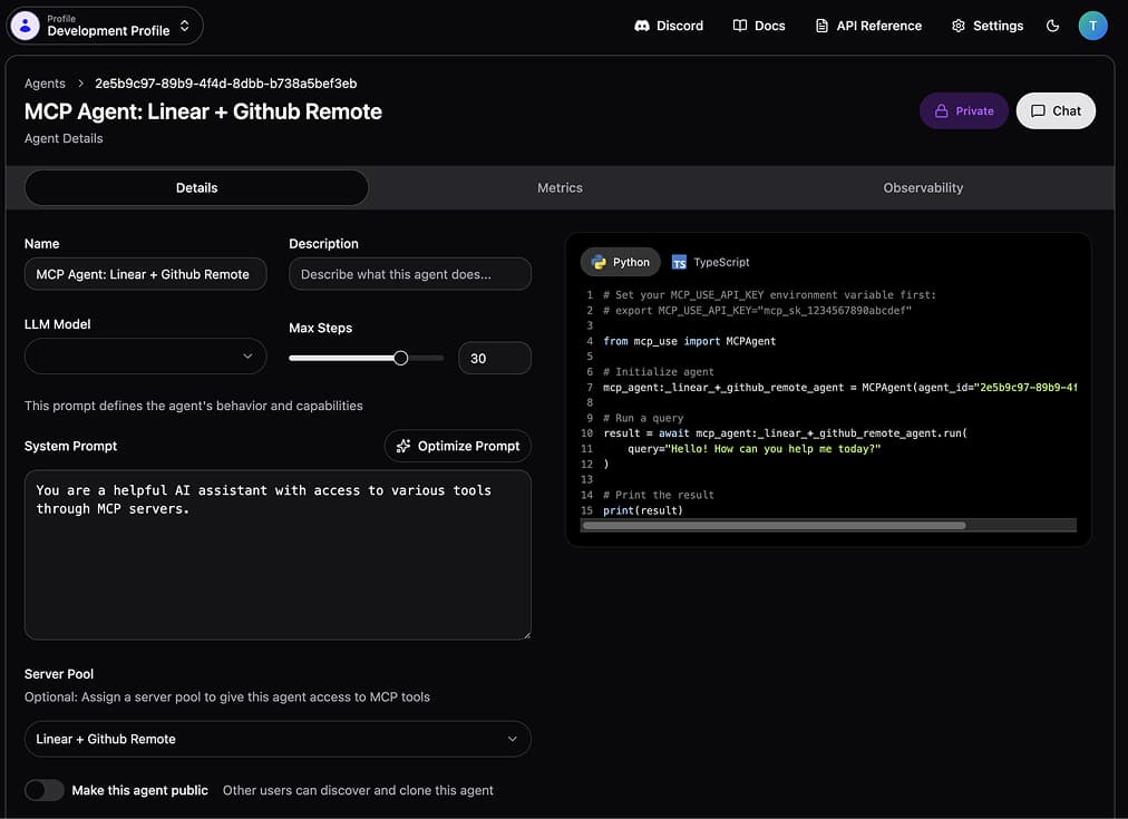 MCP Agent Configuration Interface